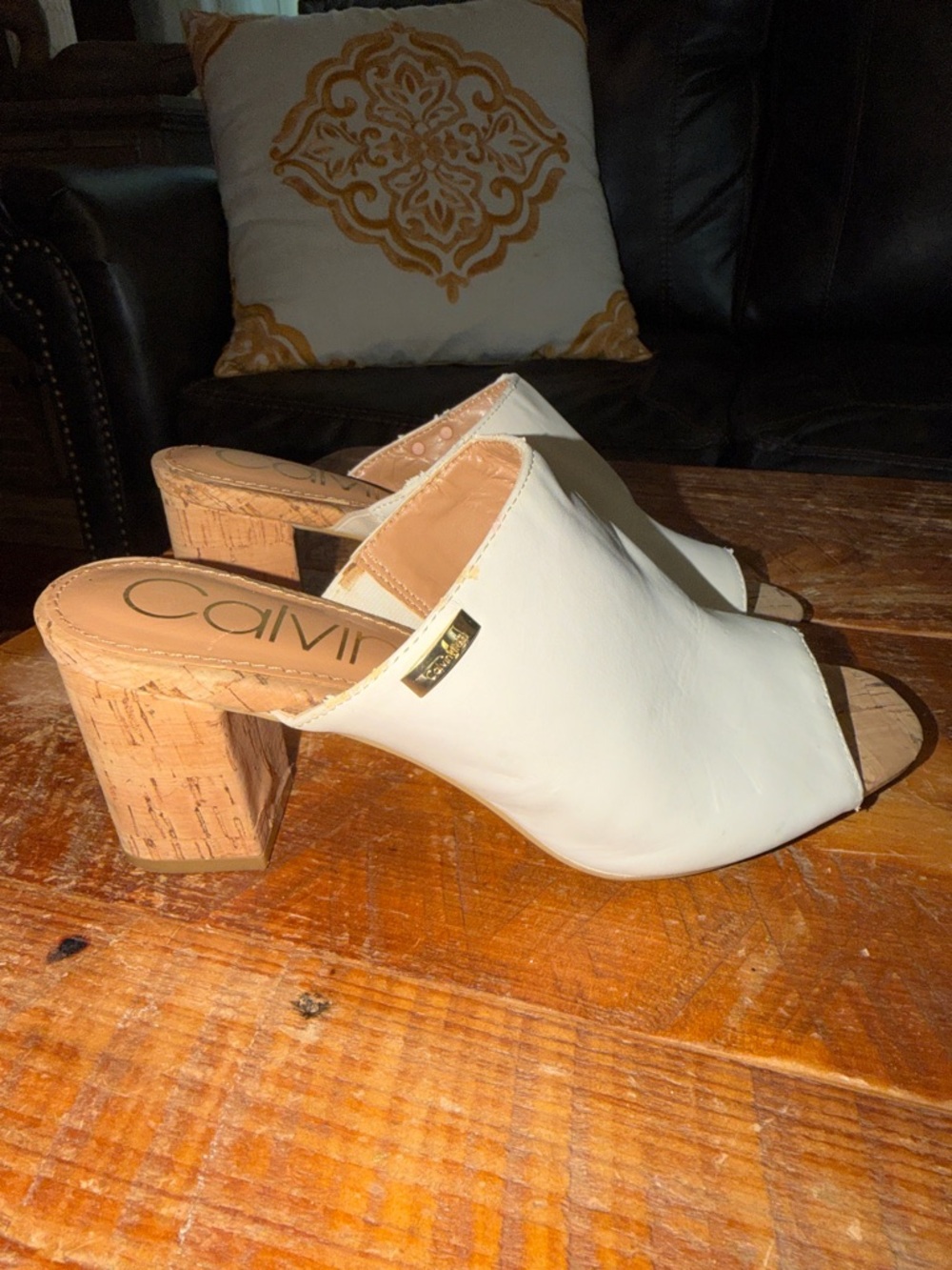 Calvin Klein White Open-Toe Cork Block Heel Mule with Gold Logo